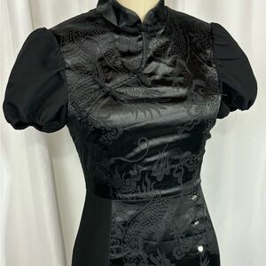 LuluSwings Black Satin Y2K Cheongsam Asymmetrical MIDI Dress Small